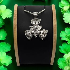 Irish Celtic Cross Trinity Knot Pendant Triquetra Necklace Titanium Steel NWT